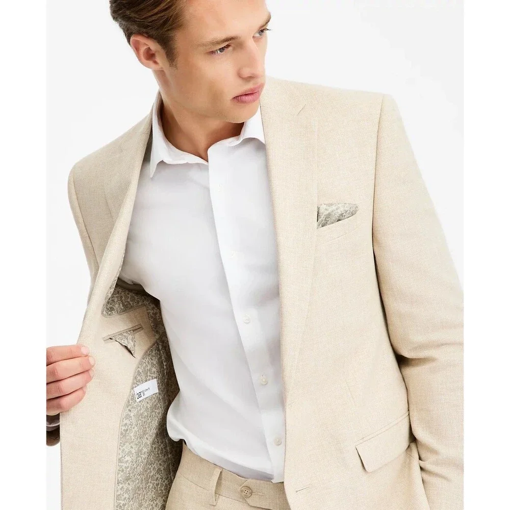 $495 NEW BAR III MENS 42R NATURAL LINEN SLIM 2 PIECE SUIT WITH DRESS PANTS 36X32